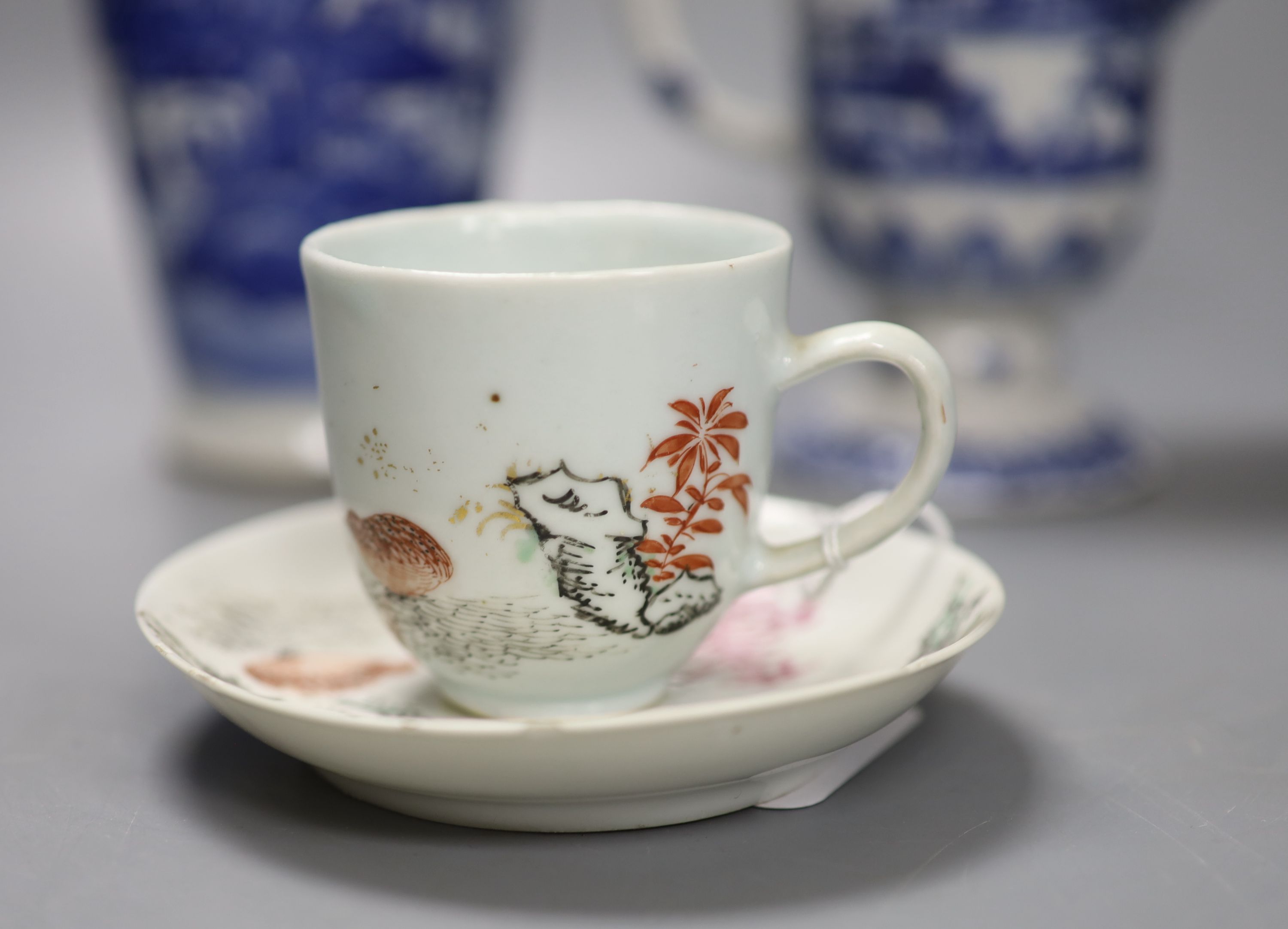 An 18th century Chinese Export blue and white helmet-shaped cream jug and sundry ceramics,